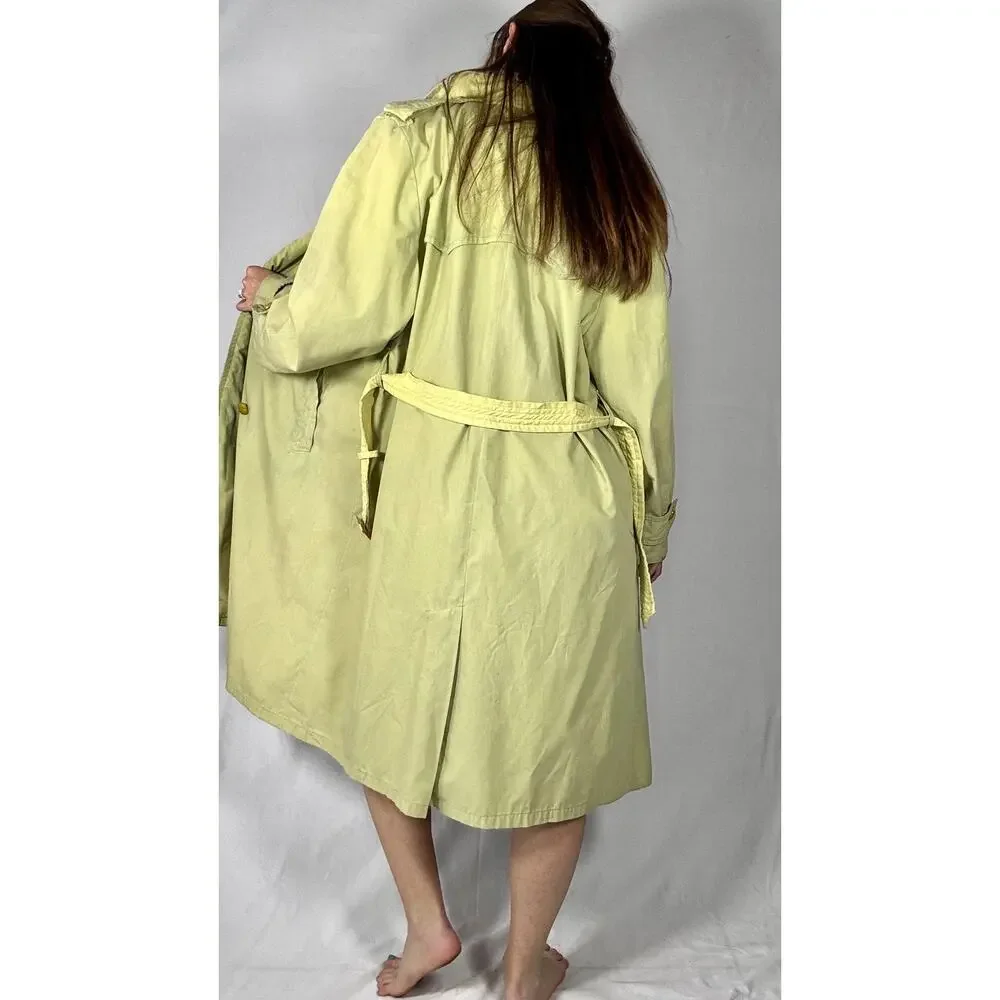 Vintage 1980s Hand Dyed Ombre Dip Dye Trench Coat Yellow Green Double Breasted